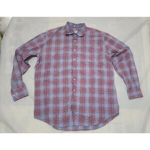 Peter Millar Mens Extra‎ Large Pink Blue Plaid Long Sleeve Casual Collared Shirt